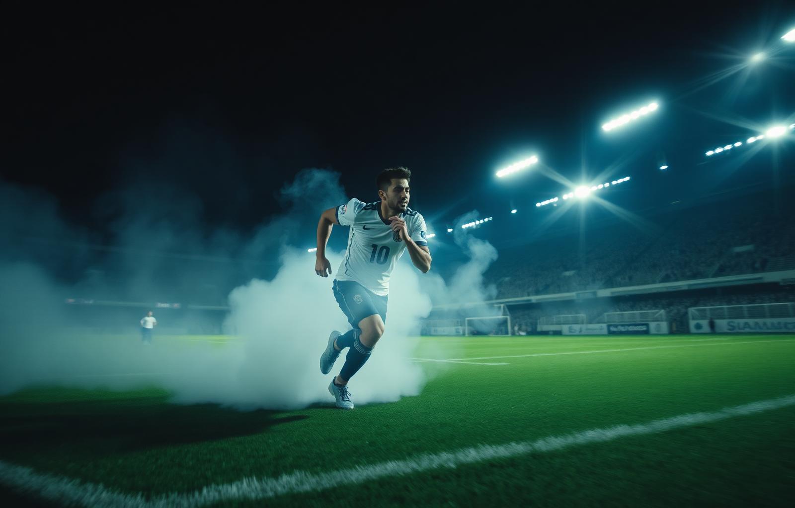Atleta brasileiro entrando em campo entre fumaça e holofotes